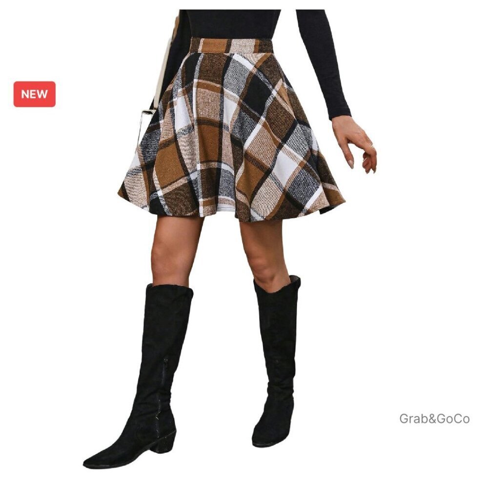 Plaid Flannel Skater Skirt High Waisted Flared Vintage Work Spring Y2K